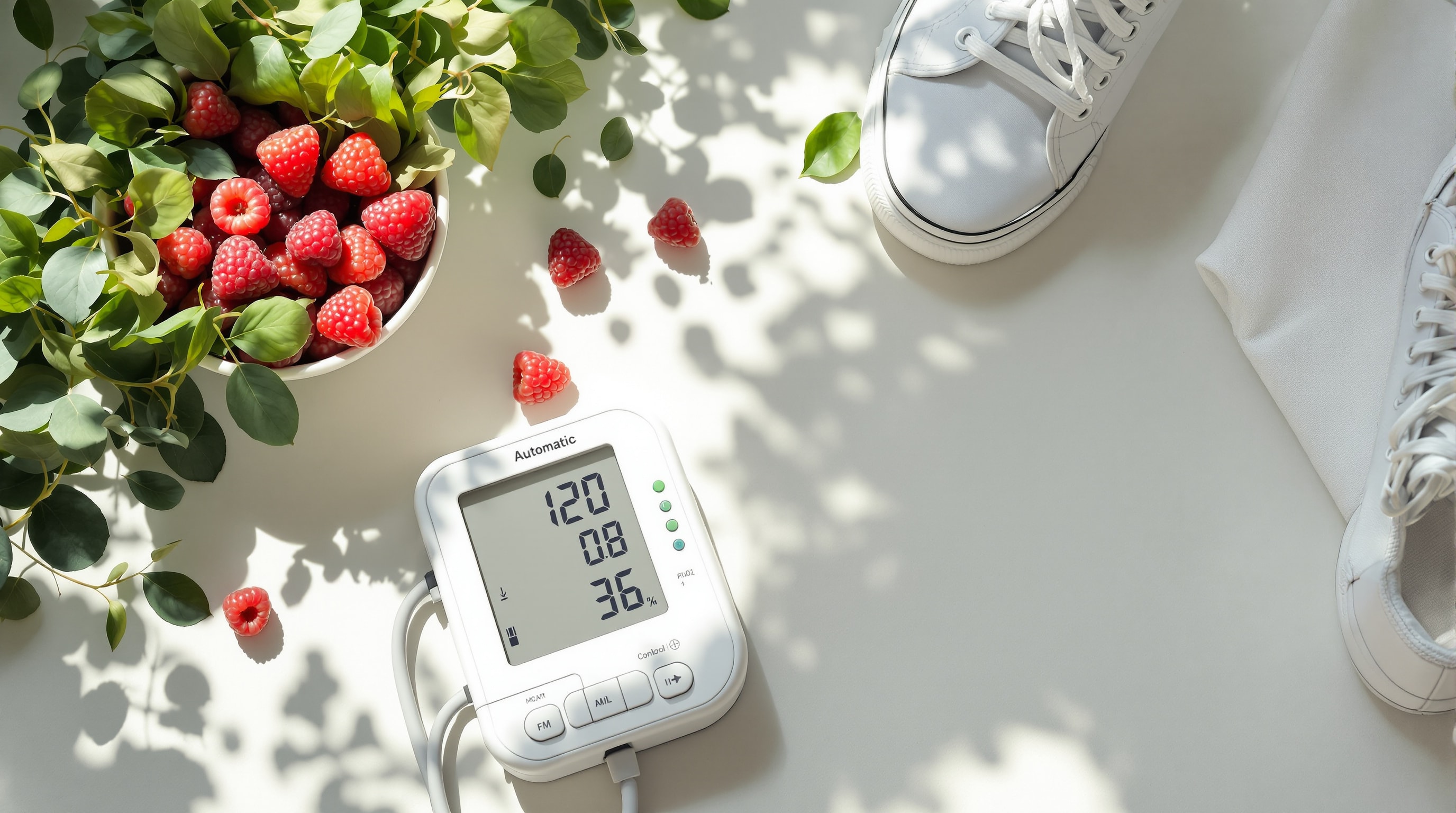 A blood-pressure cuff beside fresh produce and walking shoes, representing heart-healthy habits