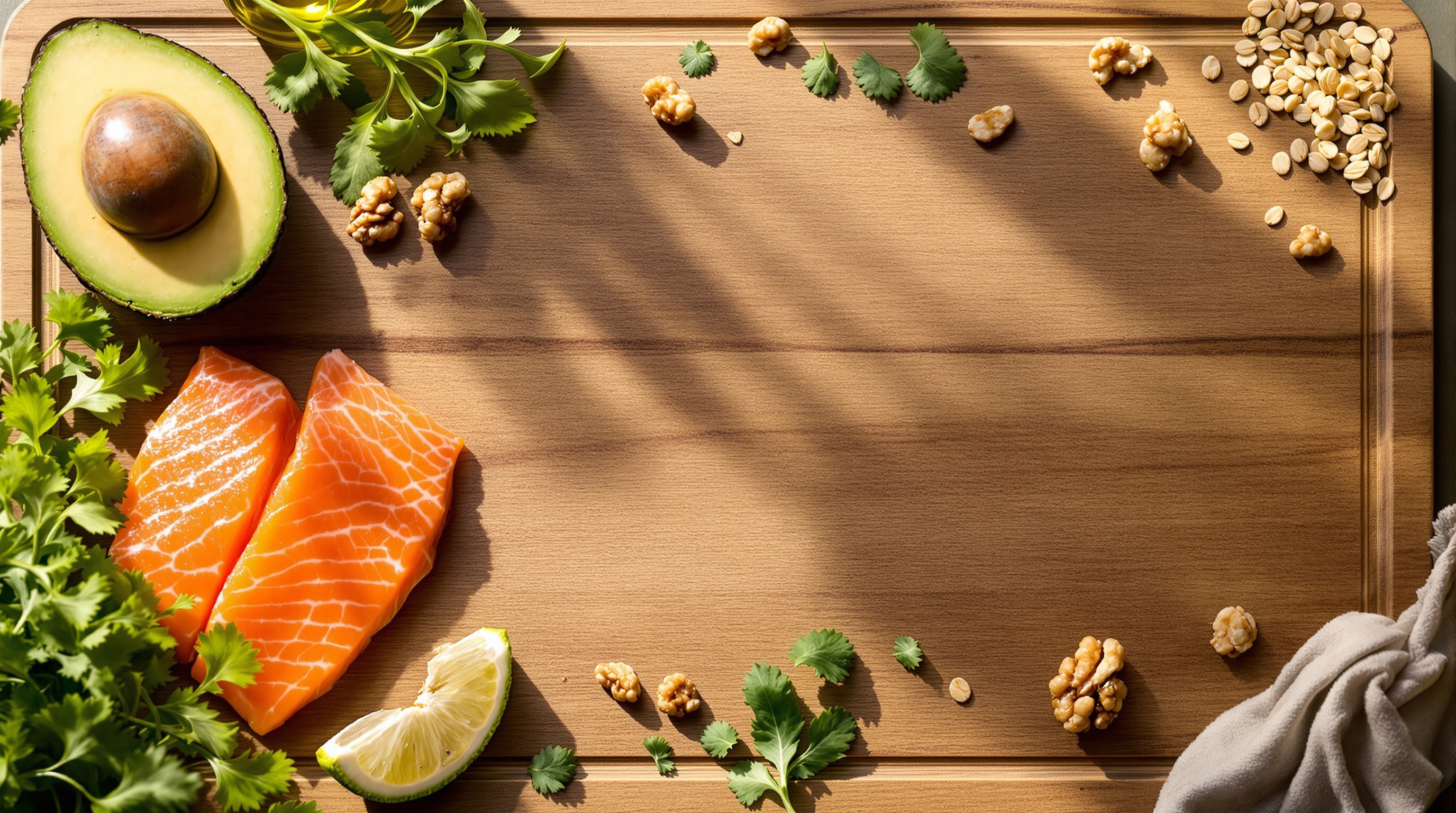 A board of salmon, avocado, oats, walnuts and greens, representing heart-healthy eating