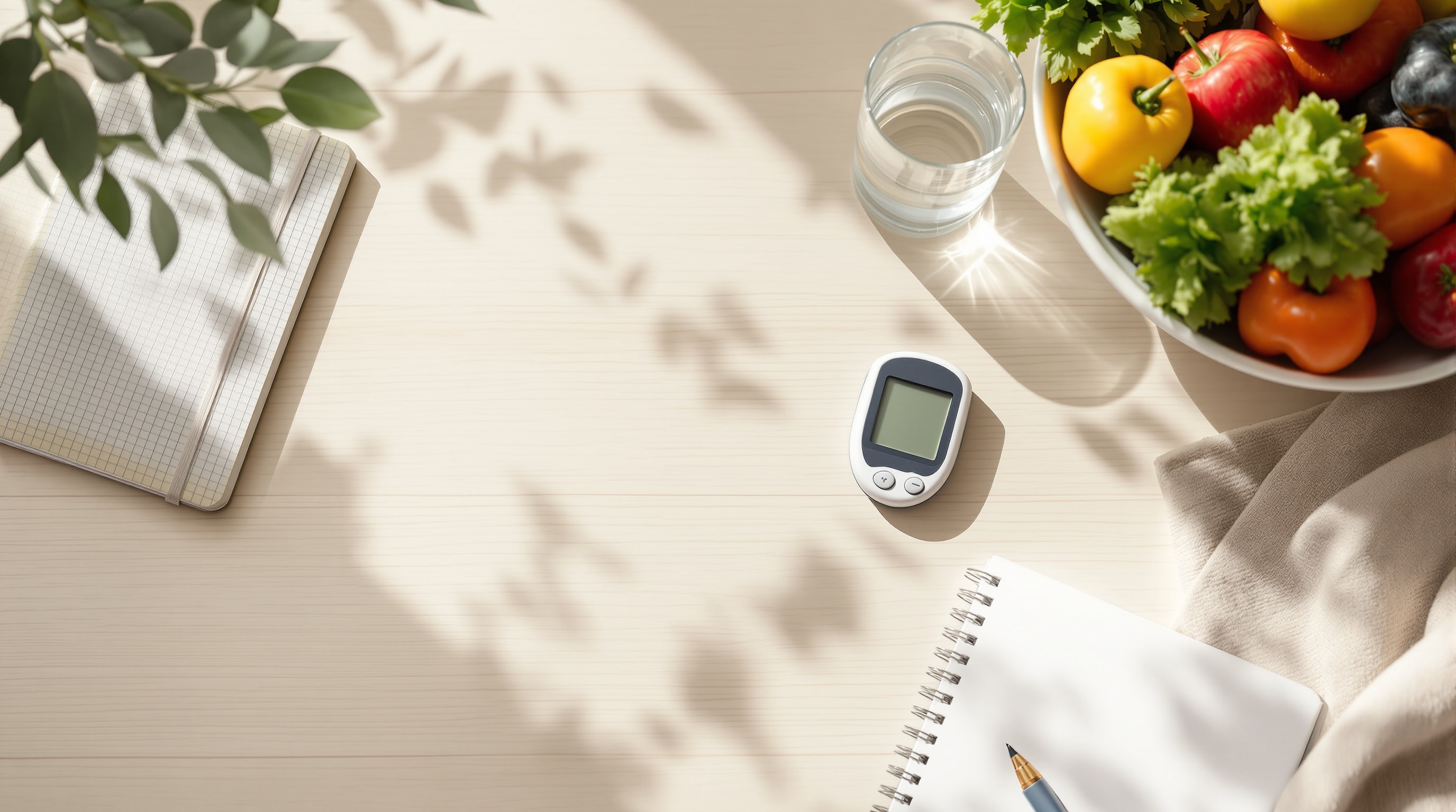 A glucose meter, notebook and fresh produce on a bright surface, representing diabetes self-management