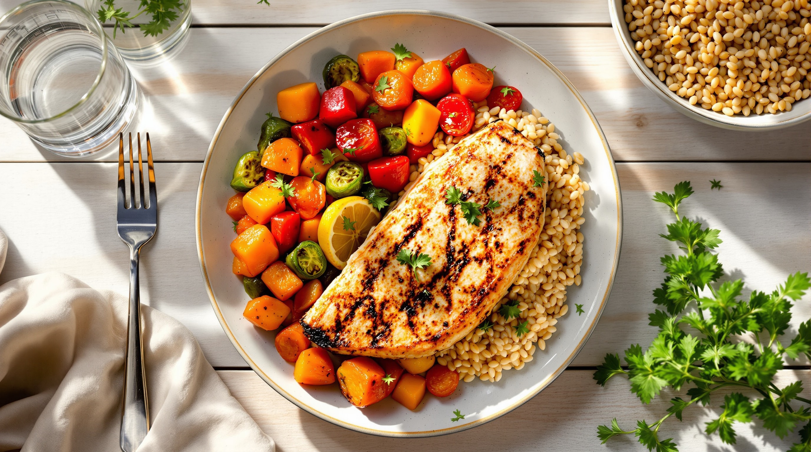A plate of grilled fish, roasted vegetables and whole grains, a heart-healthy meal
