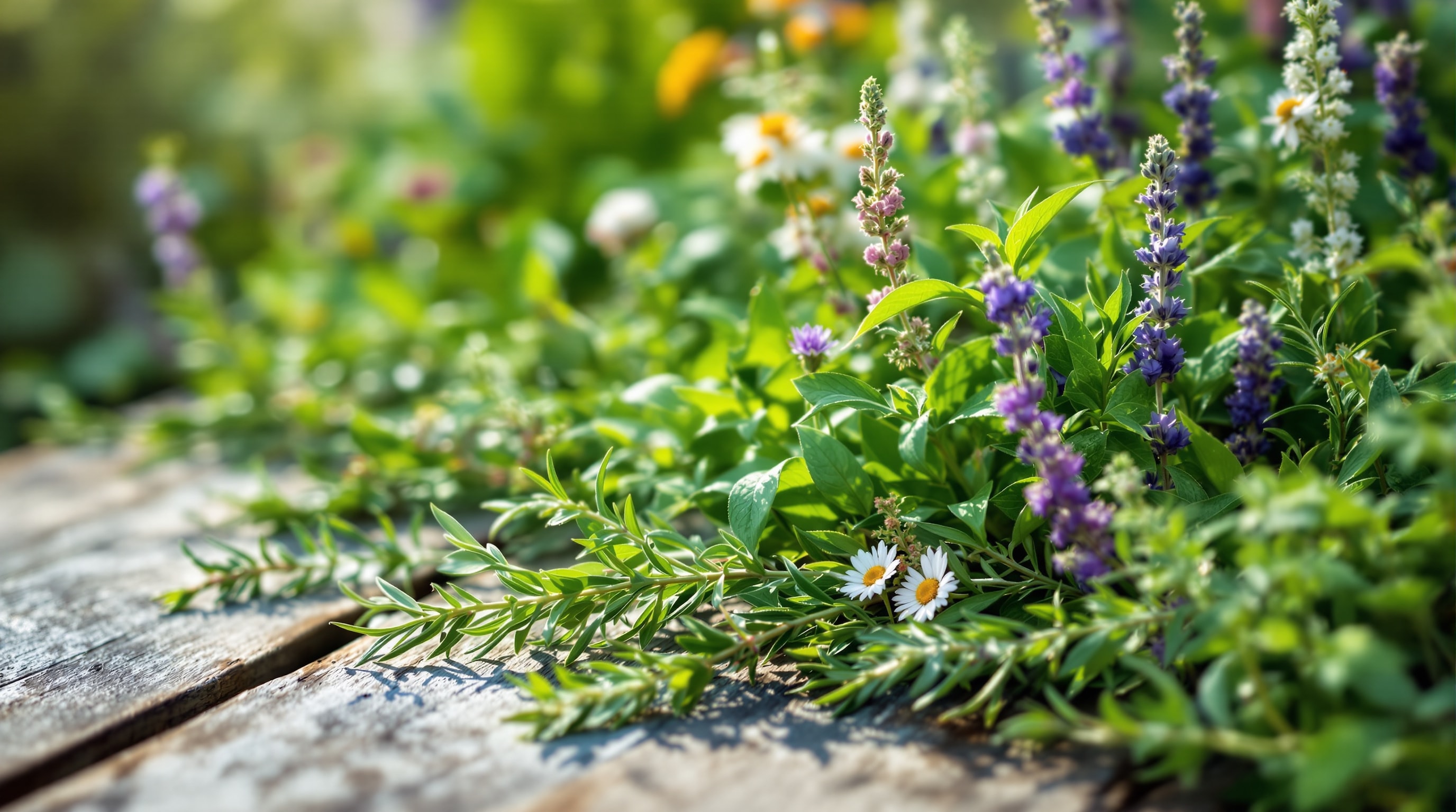 A medicinal herb garden with sage, echinacea, chamomile and lavender in morning light