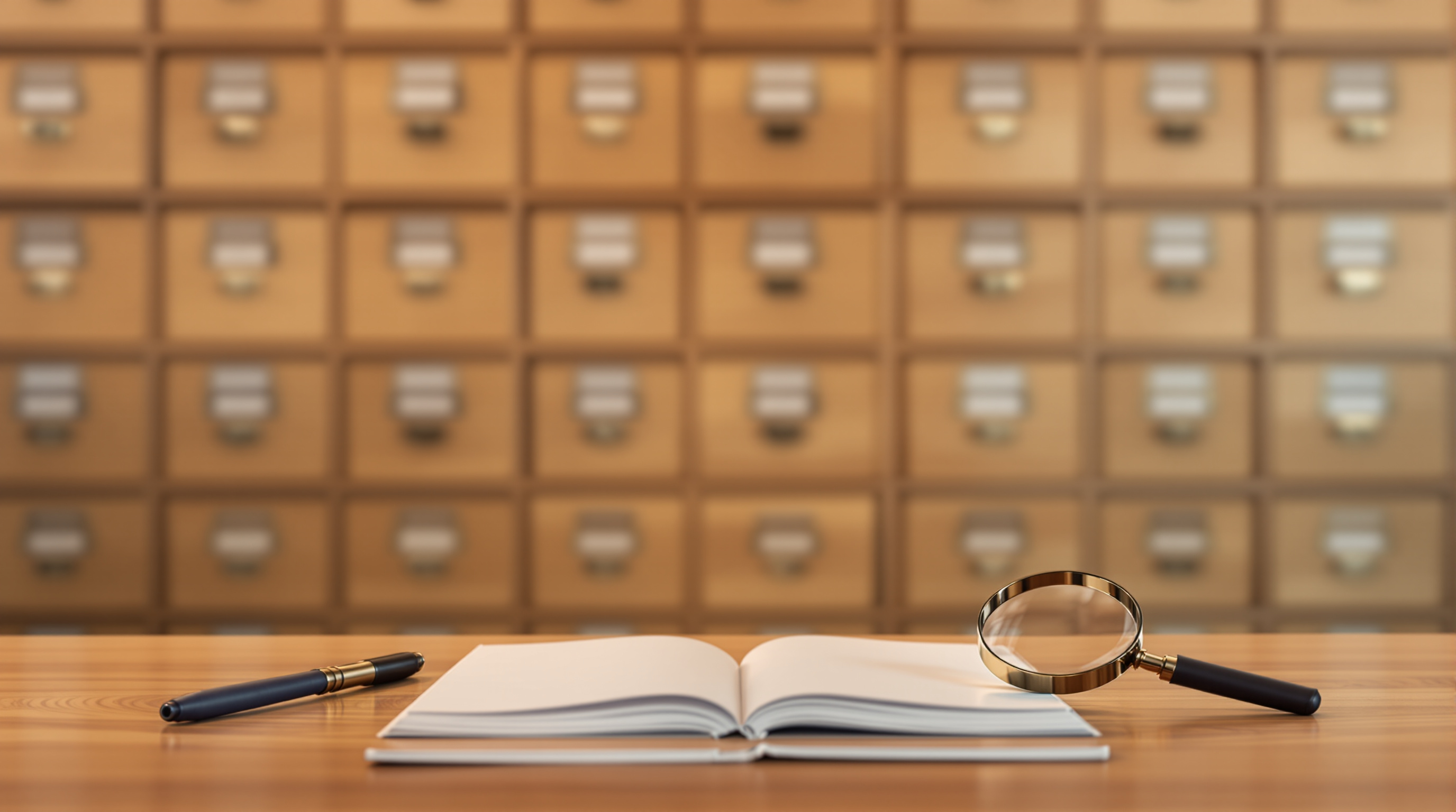 An organized card-catalog and reading desk evoking a comprehensive health topic directory