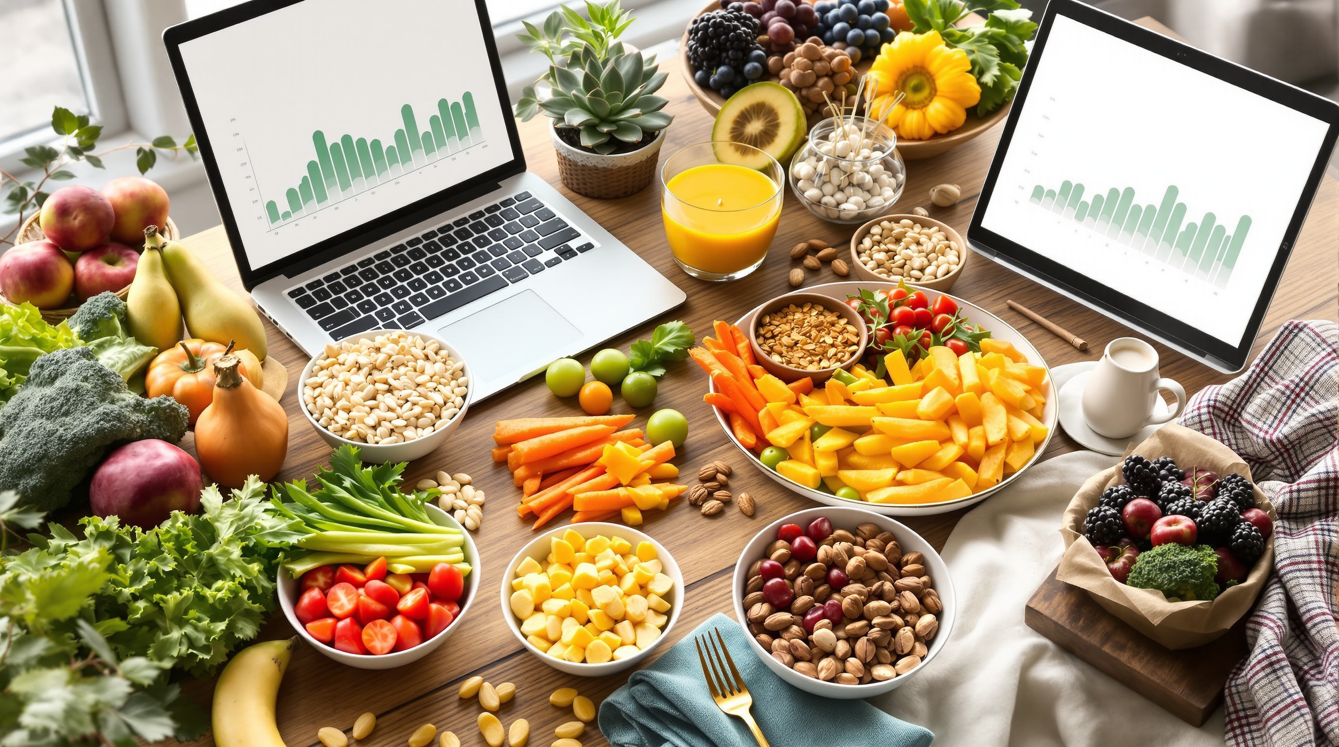Portion bowls of whole foods beside a laptop with abstract charts, representing nutrition analysis