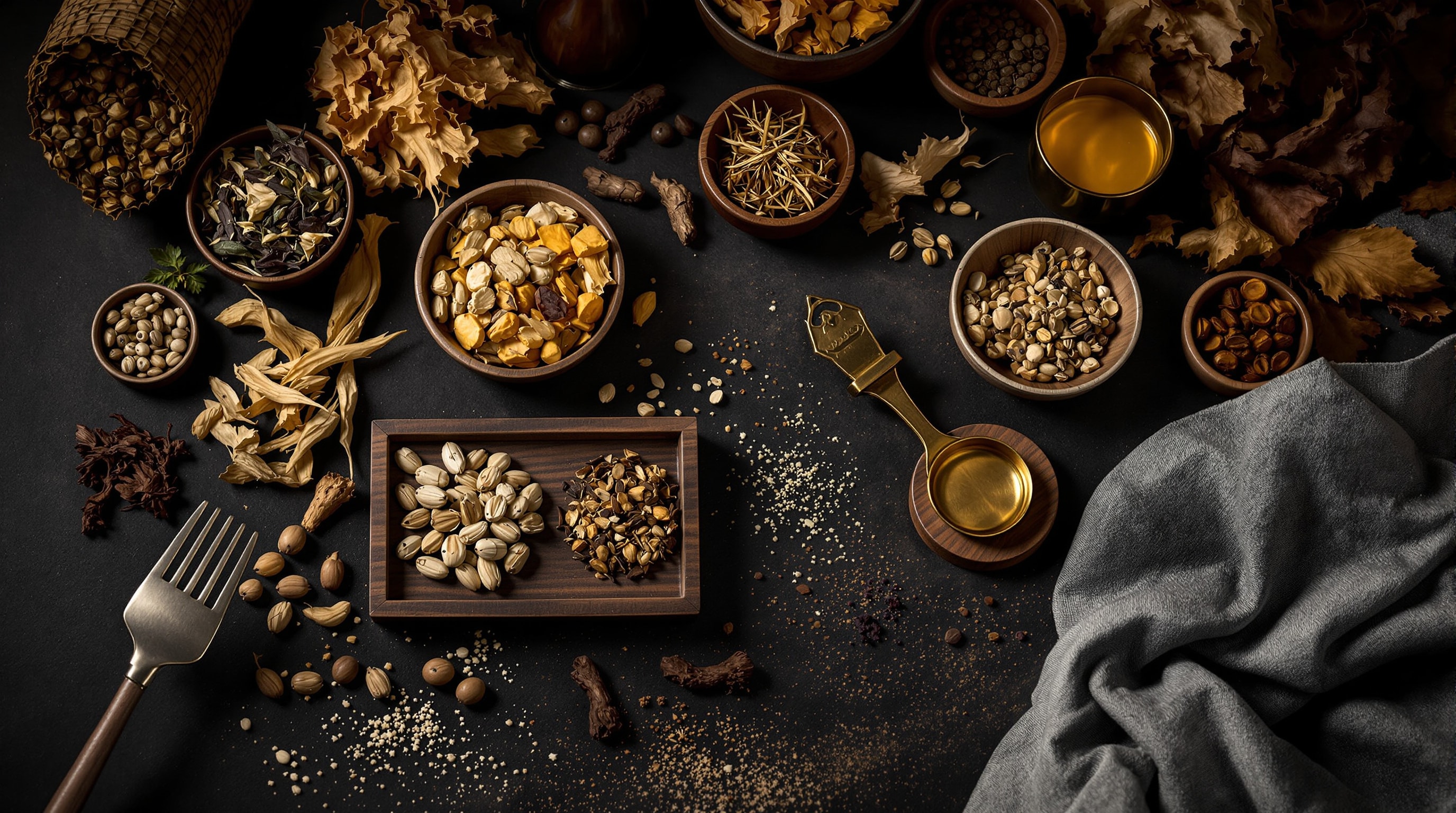 Dried roots, bark and botanicals in wooden compartments with a brass scale, evoking Traditional Chinese Medicine