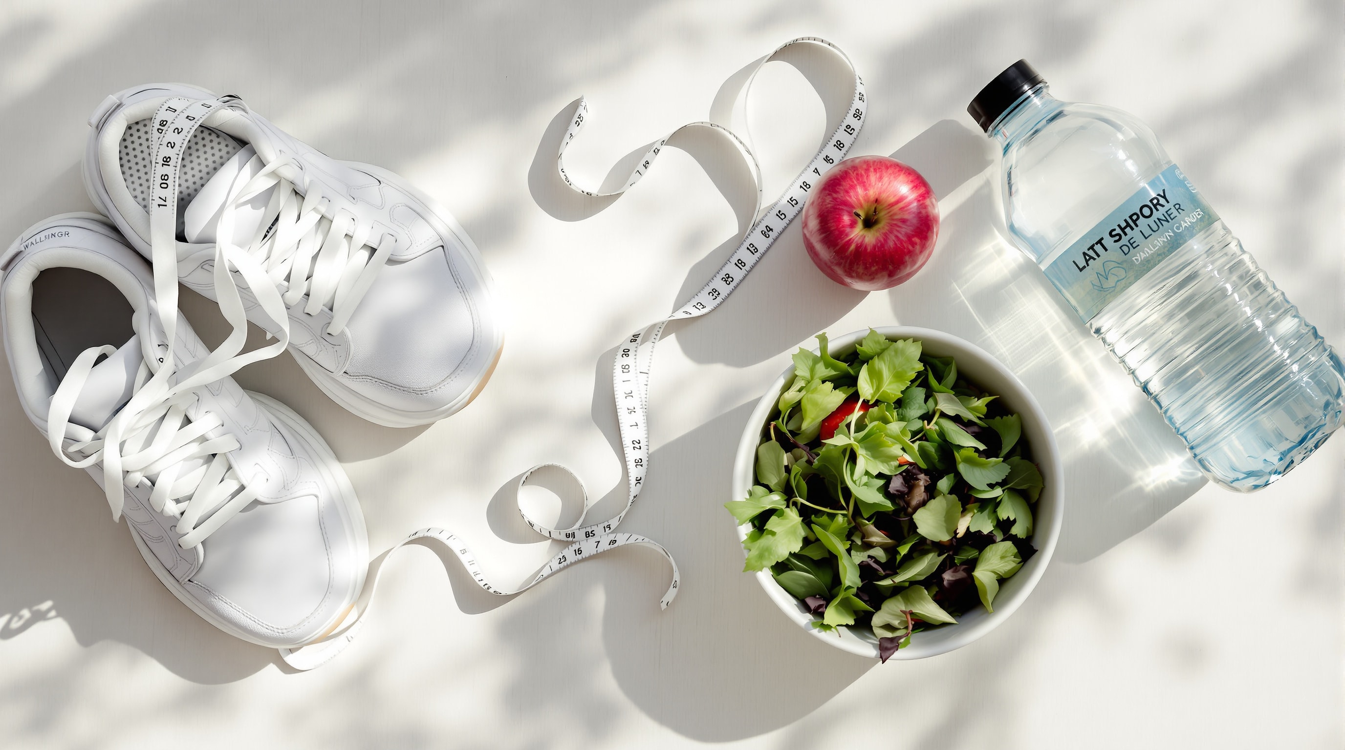 Walking shoes, a measuring tape, water and fresh food, representing healthy weight and body mass index
