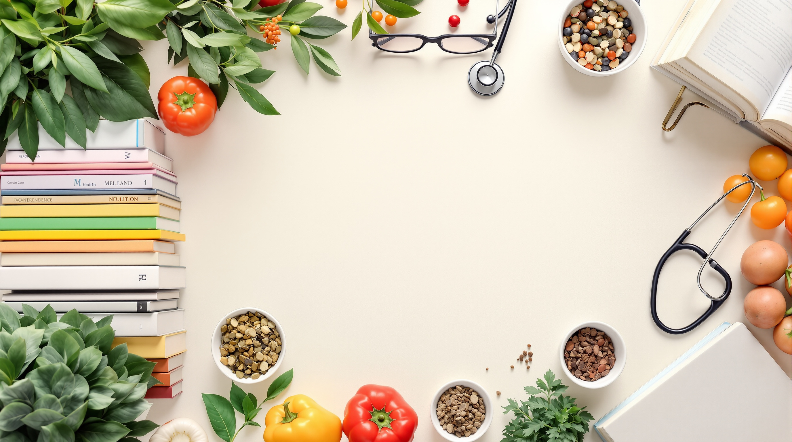 Flat-lay of health and nutrition reference books with vegetables, herbs and a stethoscope